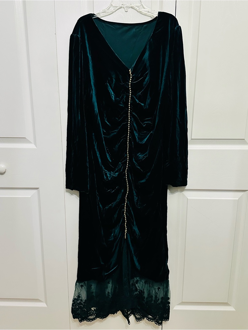 SHEIN Curve 3XL Emerald Green Velvet Ruched Rhinestone Lace Maxi Dress
